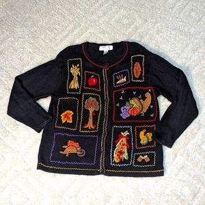 Arriviste Vtg Black Knit Fall Autumn Embroidered Cardigan Sweater, 1X